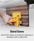 Person using Grr-Ripper GR-100 3D Table Saw Pushblock With Kickback-Proof High-Friction No-Slip Grip on band saw for safe cutting