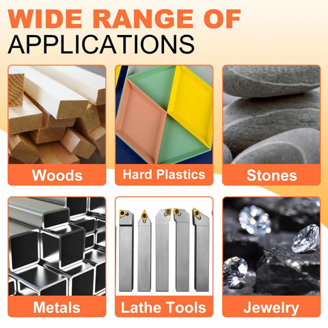 Wide range of applications for Eight Pack 6 Inch Polishing Wheel Set For Bench Grinder with woods, plastics, metals, and jewelry.