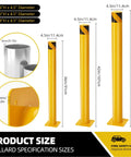 4 Pack 42 Inch Steel Safety Bollard Posts, Built Tough Heavy Duty Barrier, Bright Yellow High Visibility, No Sweat Bolt On Setup For Garage Parking Lot And Storefront Walkway Protection System with size specifications.