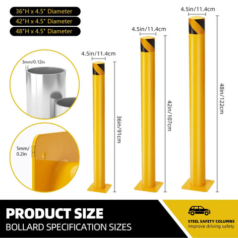 Tough As Nails Six Pack Forty Eight Inch Safety Bollard Posts Featuring Four Point Five Inch Steel Pipe Diameter No Sweat Bolt Down Design Bright Yellow High Visibility Vehicle Shields For Garage And Sidewalk Barriers with size details.