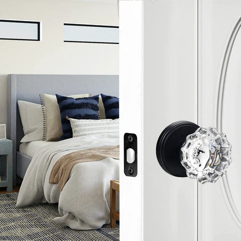 Crystal Glass Door Knobs Set With Lock For Bedroom And Bathroom Vintage Privacy Clear Crystal Interior Knobs Matte Black Finish