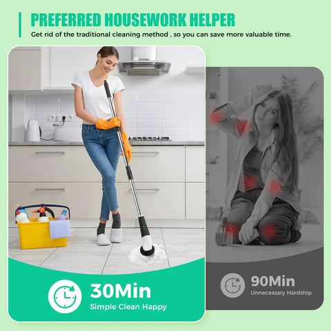 Electric Spin Scrubber Cordless Power Cleaning Brush With Long Handle And 8 Interchangeable Heads For Tub, Tile, Floors, Grout, Glass, Sinks, Corners And Car Wheels Two Speeds Up To 480 RPM Perfect For Tough Grime in kitchen