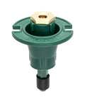 No Fuss Premium 10 Pack Plastic Flush Pop Up Sprinkler Heads With Bombproof Brass Full Spray Nozzle close-up view of green sprinkler head.