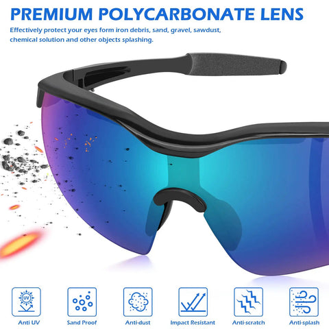 Six Pack ANSI Z87.1 Safety Glasses With Mirror Lenses UV Protection Impact Resistant Eyewear Black Frame Polycarbonate Lens