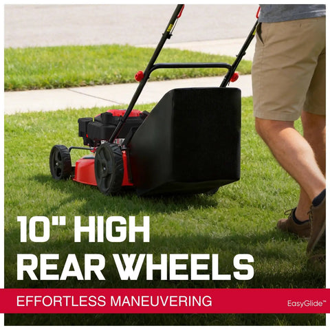 Rear view of EasyGlide 21 Inch Gas Lawn Mower With 144cc 4 Stroke OHV Engine Push Walk Behind, 10" high rear wheels