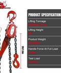 Side view of Big RED manual lever chain hoist, red steel with dual 360° rotation hooks