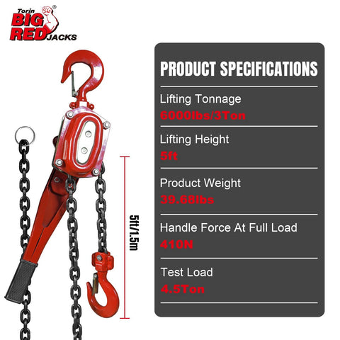 Side view of Big RED manual lever chain hoist, red steel with dual 360° rotation hooks