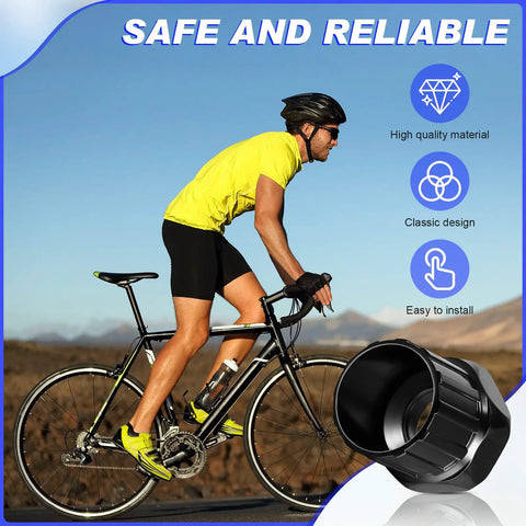 Cyclist riding with a black durable Six Piece Bike Freewheel Remover Set for Mountain Cassettes 12 Spline 22mm Lockring Tool image inset