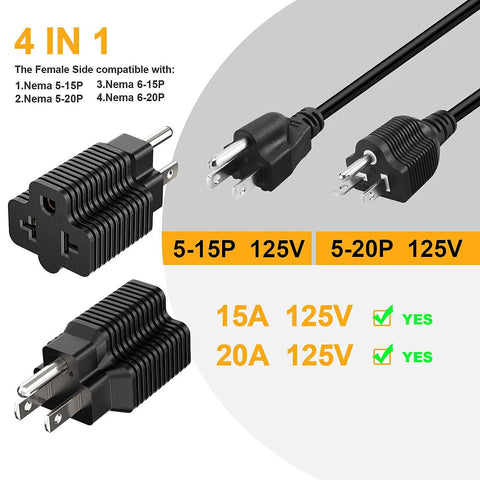 All In One NEMA Power Adapter Plug And Play Converts 125V 15A Household To 250V 20A NEMA T Blade 5-15P 5-15R 5-20R 6-15R 6-20R