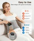 Woman using Wireless Heating Pad With Massager For Back Pain Relief Portable Wearable Heat Belt with settings chart.
