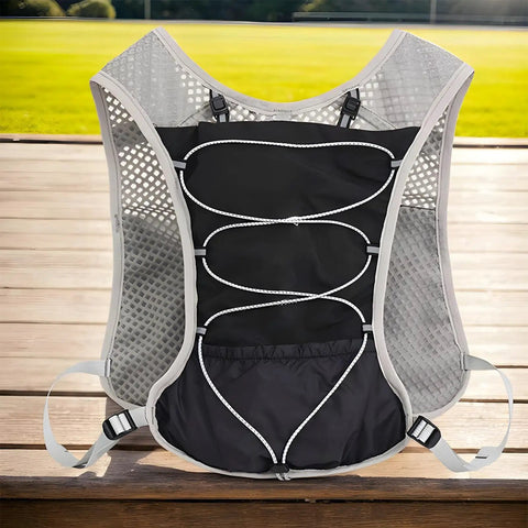 5L Reflective Hydration Running Vest for Ride Ready Comfort with lightweight mesh and modular storage on a wooden bench