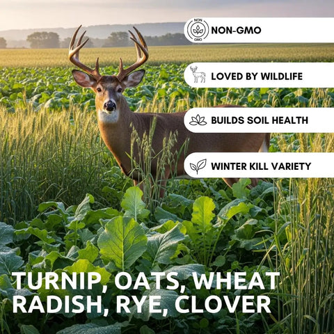 Buffalo Blend Deer Plot Seed With Turnip Radish Clover Wheat Rye And Oats For High Protein Deer Forage 5 Pound Bag in field with deer