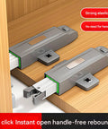Push To Open Cabinet Latches With Rebounds shown installed in wooden cabinet, featuring durable ABS material and spring-loaded mechanism