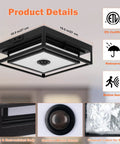 Motion Sensor Outdoor Ceiling Light Black Flush Mount 10.5 Inch Square With Dusk To Dawn Auto Modes, Waterproof Exterior Fixture