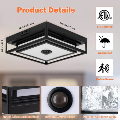 Motion Sensor Outdoor Ceiling Light Black Flush Mount 10.5 Inch Square With Dusk To Dawn Auto Modes, Waterproof Exterior Fixture