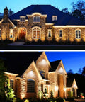 Low Voltage Outdoor Landscape Lighting Kit 10 Pack 5W COB LEDs 500LM Each 12V lights illuminating stone house at dusk