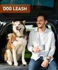 Dog and owner sitting in car trunk with luggage visible, happy face, dog leash visible.