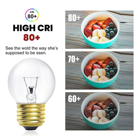 40 Watt G45 Oven Light Bulb Pack Of 5 With E26 Base 120V 330 Lumens High Temperature Appliance Bulb Replacement For Oven Stove Microwave Refrigerator Easy Install, showing bulb and color rendering effects on food.