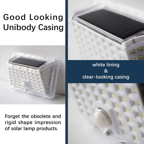 Close-up of Pack Of 4 Solar Motion Sensor Lights For Outdoor Walls And Doors, Waterproof White LED Garden Illumination.