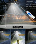 30000W Solar Street Lights Outdoor with remote control, showing 3 lighting modes and illumination range.