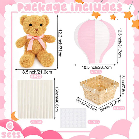 Bear Themed Hot Air Balloon Centerpiece Kit For Baby Shower And Gender Reveal With 6 Pink Paper Lanterns, Handmade Baskets, Plush Bears