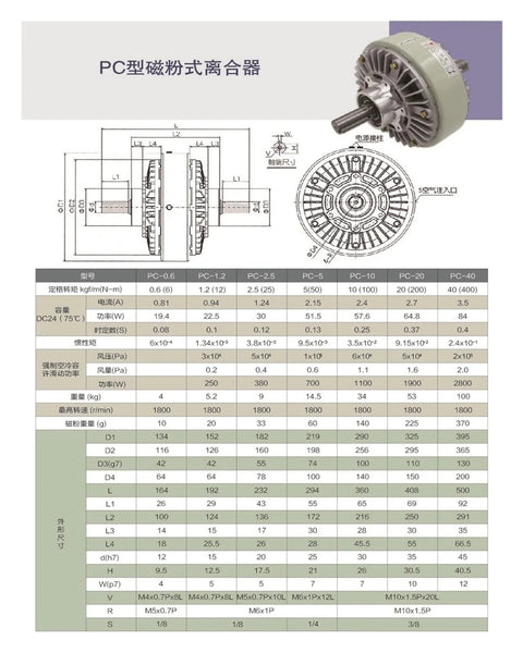 PC-type magnetic powder brake/clutch with hollow shaft; front and side diagrams and unit photo.