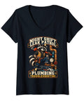 Women's Retro Raccoon Plumber Night Shift Leak Patrol V-Neck T-Shirt Lightweight Classic Fit Badass Blue Collar Apparel For Apprentices And Maintenance Crews, black v-neck tee with raccoon graphic.