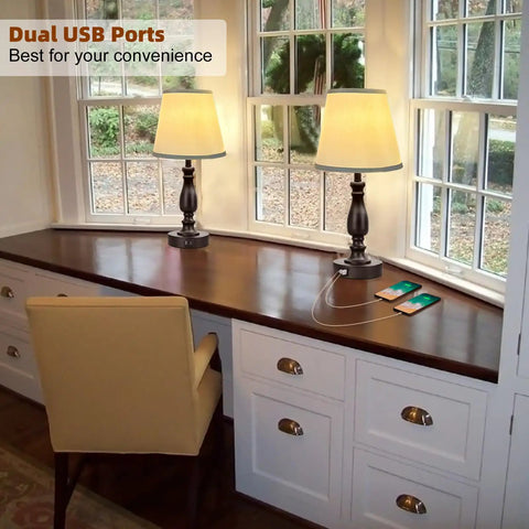 Set Of 2 20 Inch Bedside Lamps With Dual USB A And USB C Charging Ports, 3 Way Touch Control on wooden desk by window