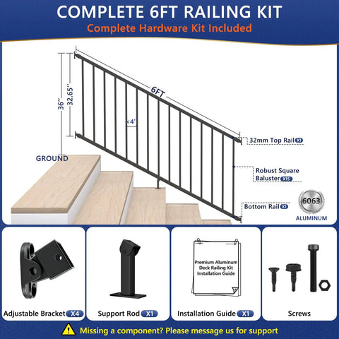 Top Shelf Aluminum Stair Railing Kit For Outdoor Decks And Porches Thirty Six By Seventy Two Inch Modular Handrail Set steps with complete hardware.