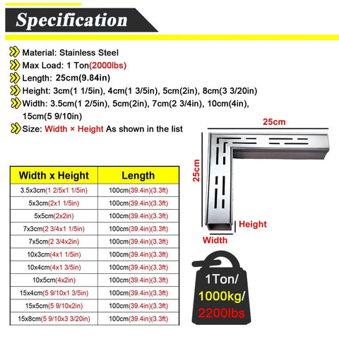 Heavy Duty 304 Stainless Steel Trench Drainage System Kit specifications with corner frame and dimensions diagram