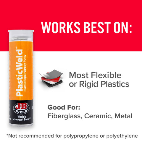PlasticWeld Two Part Epoxy Putty for Plastic Repair and Rebuilding Hand Mixable 2 oz Kit showing compatibility with various materials