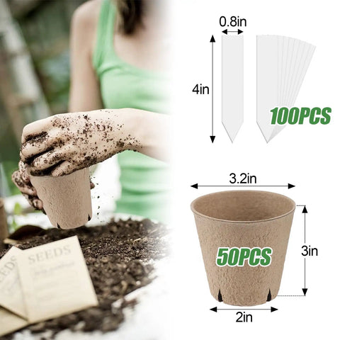 3.2 Inch Biodegradable Peat Pots With Drainage Holes, 50 Pack Seedling Starters Kit With 100 Plant Markers shown with measurements