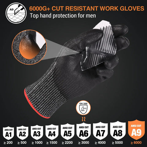 Two Pairs A9 Cut Resistant Work Gloves For Men With Touchscreen Capability Reinforced Thumb And Premium HPPE Steel Fiber Blend