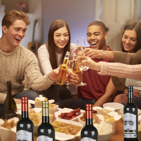 Group celebrating with wine bottles showcasing 60 Piece Wine Bottle Sealer Kit With Cork Stoppers And PVC Heat Shrink Capsules