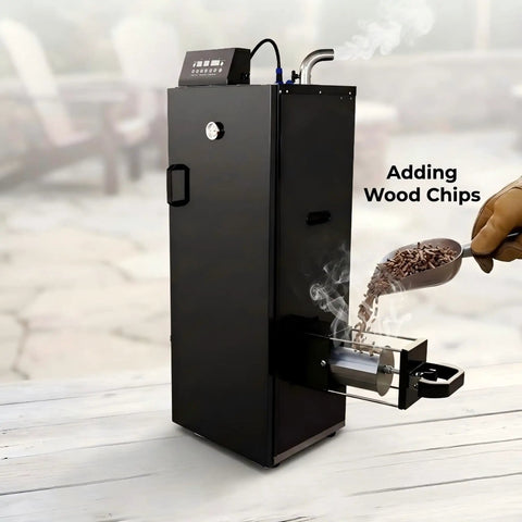 Smooth Operator Vertical Electric Smoker 1600W with chrome racks, adding wood chips for flavor, digital display visible.