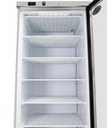 Chill Out In Style 21 Cu Ft Commercial Freezer With Glass Door interior view showing empty shelves and temperature display.