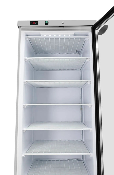 Chill Out In Style 21 Cu Ft Commercial Freezer With Glass Door interior view showing empty shelves and temperature display.
