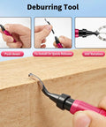 Using the 13 Piece Pipe Deburring Tool Set With 5 High Speed Steel Blades on wood surface showing close-up of blade