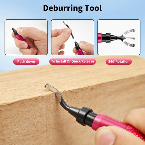 Using the 13 Piece Pipe Deburring Tool Set With 5 High Speed Steel Blades on wood surface showing close-up of blade