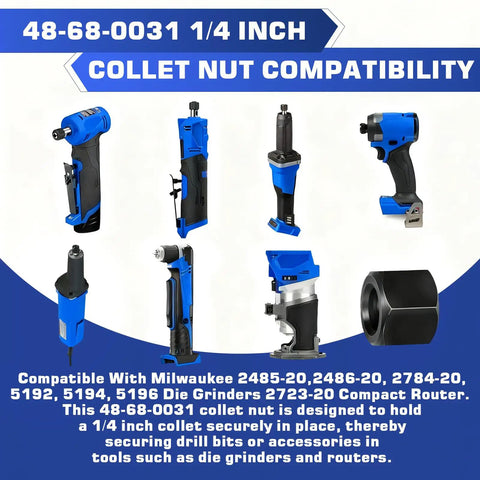 Replacement Collet Nut For Die Grinders One Quarter Inch Fits Milwaukee 2485 20 2486 20 routers displayed with tools