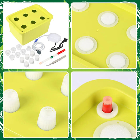 Indoor Hydroponics Grow Kit Self Watering System with planting baskets, buoy, and accessories in green PVC-U container.