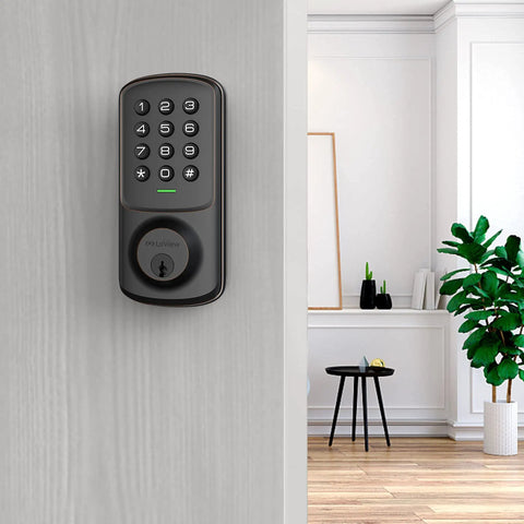 Keyless Entry Electronic Keypad Door Lock With Auto Lock And 1 Touch Motorized Locking, Bronze Finish, installed on a modern door