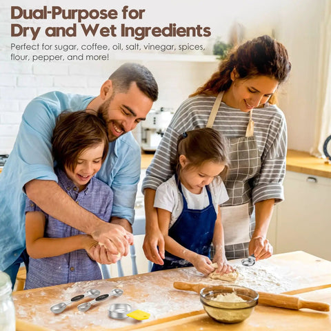 Family baking with Magnetic Measuring Cups And Spoons Set With 304 Stainless Steel Dual Sided Design 15 Piece Kit Includes Leveler