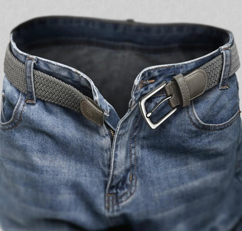 Men's Golf Belt Braided Woven Stretch Belt Multi Pack Gift Ready Casual Jeans Sports And Work Fully Adjustable With Direct Lock In Strap For All Day Comfort Beige And Dark Gray Color Options 1 3 Eighths Inch Waist Fits 36 To 40 Inches styled on jeans