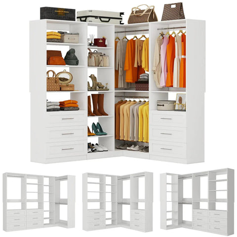 Max Out Your Closet Space With This Expandable L Shaped Corner Closet System For Walk In Closets Three Piece Modular Organizer With 6 Drawers 11 Shelves 6 Hanging Rods White Finish Extends From Six Point Five To Sixteen Feet showing organized clothes and accessories.