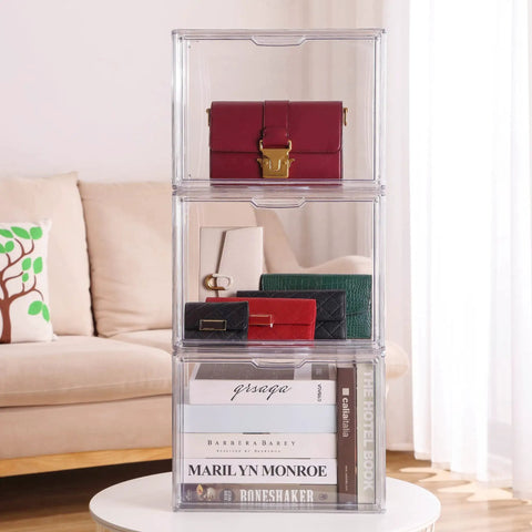 Clear Acrylic Purses And Handbag Organizer Display Case Set With Magnetic Door, 3 Piece Stackable Storage in living room.