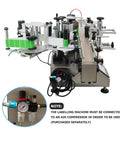 Automatic Label Applicator With Integrated Code Printer For Round Bottles High Speed Chain Conveyor And Receiving Tray Rock Solid 110V Motor showing labeling mechanism and air compressor connection.