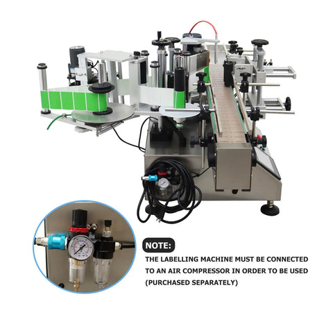 Automatic Label Applicator With Integrated Code Printer For Round Bottles High Speed Chain Conveyor And Receiving Tray Rock Solid 110V Motor showing labeling mechanism and air compressor connection.