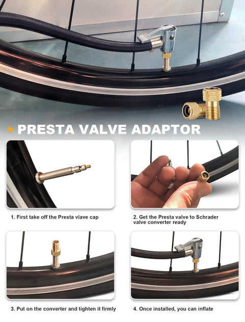 20 Inch Tire Inflator Hose Adapter with Lock On Air Chuck for Presta and Schrader Valves converting nuts included