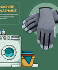 Womens Deerskin Leather Work Gloves With Breathable Back For Gardening And Yard Work displayed next to a washing machine, illustrating machine washability.
